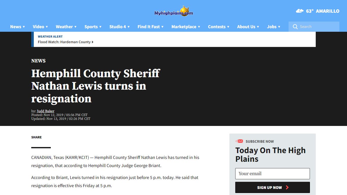 Hemphill County Sheriff Nathan Lewis turns in resignation