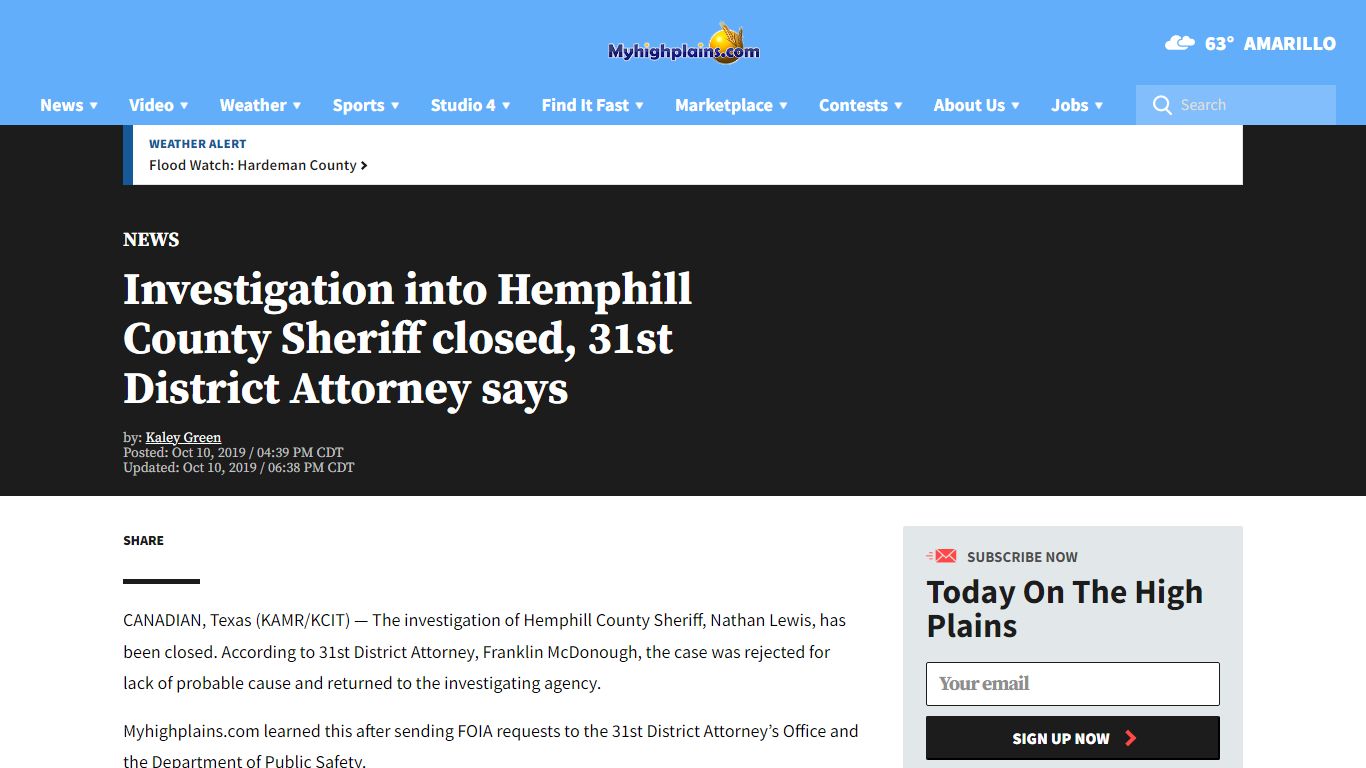 Investigation into Hemphill County Sheriff closed, 31st District ...